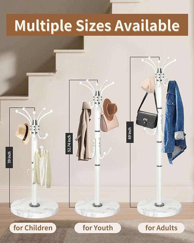 Modern Coat Rack Stand, 360° Rotary Metal Freestanding Coat Rack with Natural Marble Base, White Coat Racks and Coat Hanger Tree Jacket Stand with 14 Hooks for Office, Entryway, Hallway