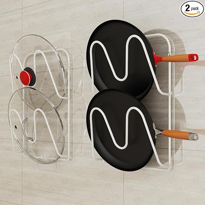 MZTOOL 2 Pack Pot-Lid-Holder, 4-Tier Pot-Lid-Organizer for Cabinet Door/Wall, No Drilling Adhesive Wall/Door Mounted Rustproof Pot-Lid-Rackr for Kitchen Organizers