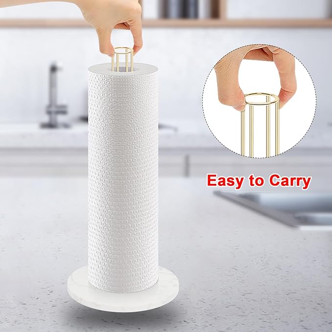 NearMoon Paper Towel Holder Countertop, Sturdy Kitchen Paper Towel Stand Dispenser-All Metal, Standard or Jumbo-Sized for Kitchen Countertop,Farmhouse, Living Room (Marble Base, Gold)