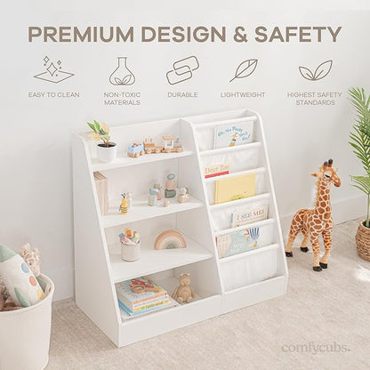 Comfy Cubs Kids Bookshelf 35.2 x 15.7 x 31.5 Inches - Sturdy MDF Montessori Book Shelf with Soft & Hard Shelves for Toys & Books - Child-Friendly, Easy Access Storage Organizer for Kids - White