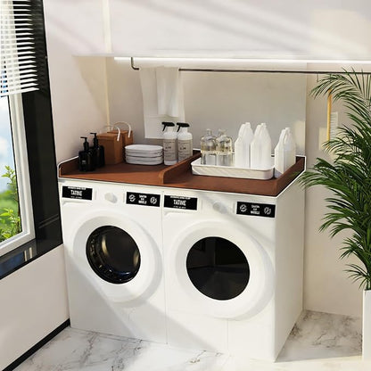 Washer Dryer Countertop with Shelf, 54" x 27" Wooden Laundry Countertop with 2 Hooks & Non-Slip Pads, Washer and Dryer Covers for The Top (Rustic Brown)
