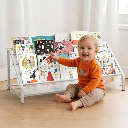 4-Tier Toddler Bookshelf & Organizer - Sturdy Metal Book Rack for Kids Room - Montessori Front-Facing Display Stand, High-Capacity Transparent Storage for Nursery & Playroom, 32 Inch