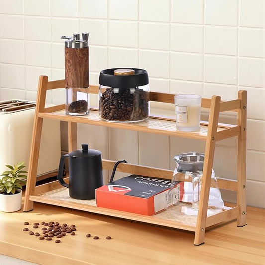 2 Tier Matcha Station Wicker-Look Coffee Station Organizer, Kitchen Counter Shelf for Tea & Coffee Bar, Mug Holder Countertop, Condiment Storage Rack(17Inch)