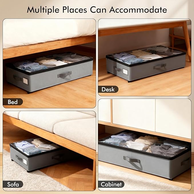 Vadmas 2-Pack Under Bed Storage Containers with Wheels, 75L Each Underbed Storage Organizer with Clear Handles, Collapsible Under Bed Storage Boxes for Clothes, Bedding, Max Load 80 LBS, Gray