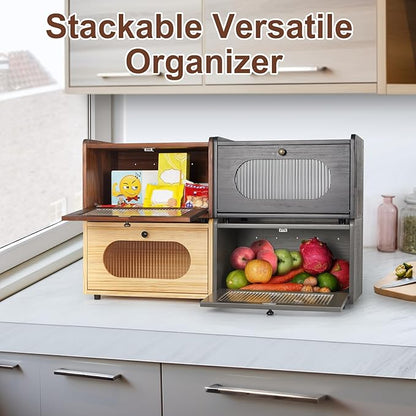 Sunhoo Bread Box for Kitchen Countertop Storage Wooden Breadbox Holder Container Morden Rustic Fresh Bread Keeper Farmhouse Stackable Organizer Bin for Homemade Food Shelf Acrylic Window (Black)