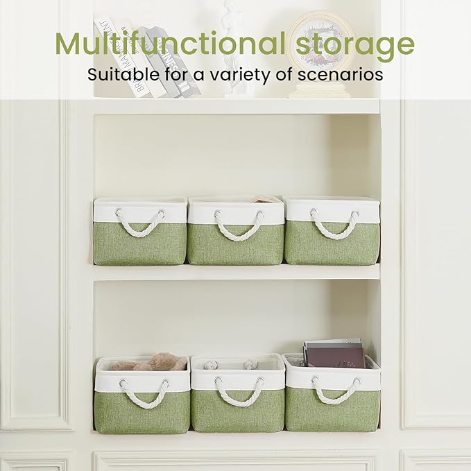 Storage Baskets for Shelves 13.8x9.8x6.7 Inch, Foldable Fabric Storage Bins with Handles, Small Storage Baskets for Organizing Closet, Office, Home Organization (1-Pack, White&Green)