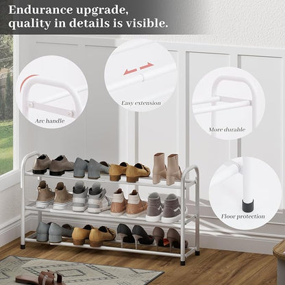 Expandable Shoe Rack, 3-Tier Metal Small Shoe Rack, Adjustable Shoes Organizer, Storage Shelf for Closet, Entryway, White