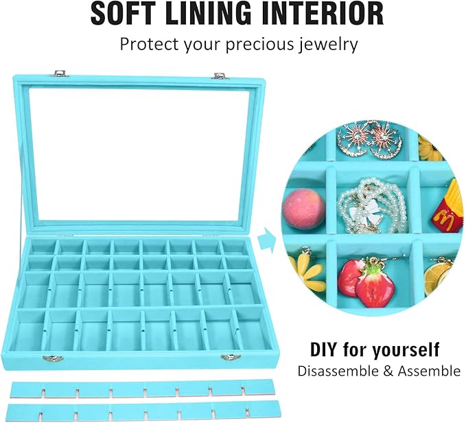 Velvet Jewelry Tray 48 Compartments Jewelry Display Organizer with Transparent Cover Rings, Earrings, Necklaces, Pendants Storage Box for Girls, Wives, Mothers, Women