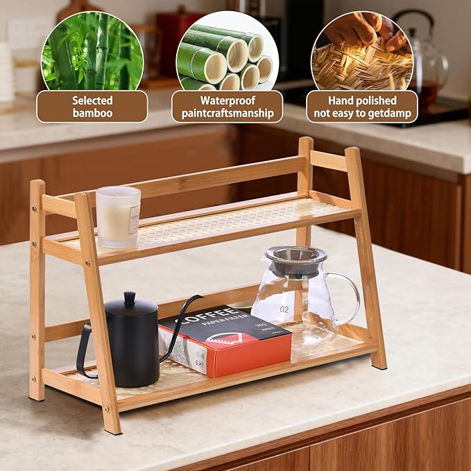 2 Tier Matcha Station Wicker-Look Coffee Station Organizer, Kitchen Counter Shelf for Tea & Coffee Bar, Mug Holder Countertop, Condiment Storage Rack(17Inch)