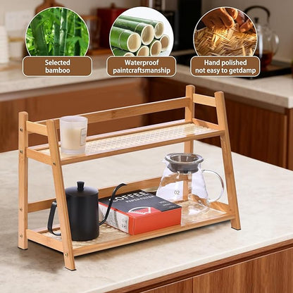 2 Tier Matcha Station Wicker-Look Coffee Station Organizer, Kitchen Counter Shelf for Tea & Coffee Bar, Mug Holder Countertop, Condiment Storage Rack(17Inch)