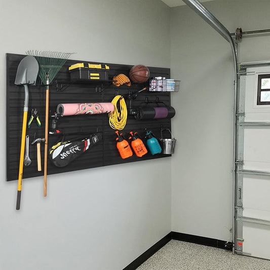 Slatwall Panel Garage Organizer PVC Slatwall Heavy Duty Wall Mounted Rack, Interlocking Slat Wall Panels for Tool Organization Peg Board(Black 4 x 4 ft)