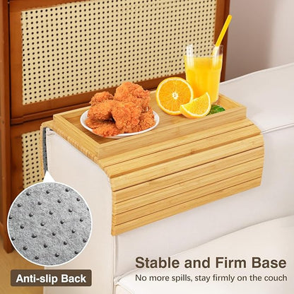 Couch Arm Tray, Bamboo Sofa Tray Table for Couch, Sofa Armrest Table, Anti-Slip Armrest Organizer, Foldable Couch Cup Holder for Snacks, Phone, Control, Cups, Natural