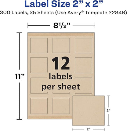 Avery Kraft Brown Square Labels with Sure Feed Technology, 2" x 2", Print to The Edge, Laser/Inkjet Printable Labels, 300 Total (22846)
