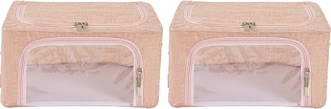 Periea Oxford Cloth Steel Frame Storage Boxes - Under-Bed or in Closet - Pack of 2 Compact Organizers (Pink Hemp)