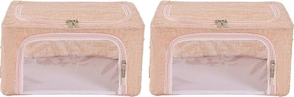 Periea Oxford Cloth Steel Frame Storage Boxes - Under-Bed or in Closet - Pack of 2 Compact Organizers (Pink Hemp)