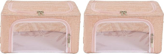 Periea Oxford Cloth Steel Frame Storage Boxes - Under-Bed or in Closet - Pack of 2 Compact Organizers (Pink Hemp)