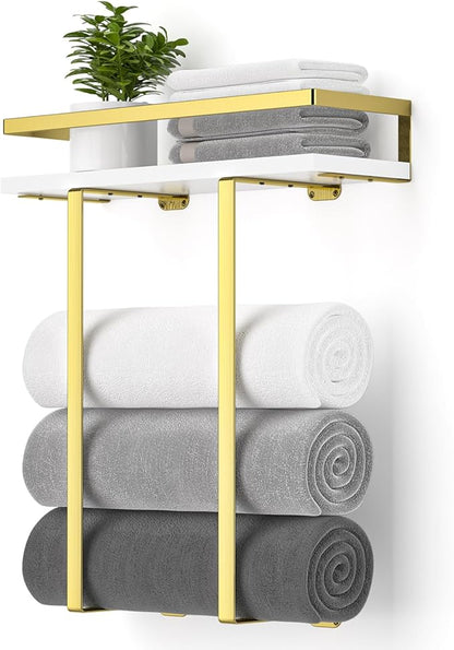 Towel Racks for Bathroom Wall Mounted, Metal Towel Holder with Wooden Shelf for Folding Large Towels, Towel Storage for Small Bathroom Organizer Decor or RV Camping,Golden