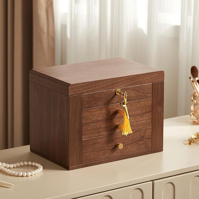 Homruilink Black Walnut Wooden Jewelry Box, Wood Jewelry Organizer with 2 Side Doors Mirror Lockable Classical Style for Watch Necklace Ring Earring Storage Christmas Gifts-4 Layer