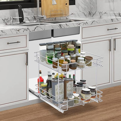 FULGENTE Chrome Finish 2 Tier (17" W X 18" D) Pull Out Drawer Cabinet Organizer Heavy Duty Slide Out Pantry Shelves Sliding Basket Storage For Home Kitchen Bathroom Under Sink Organization