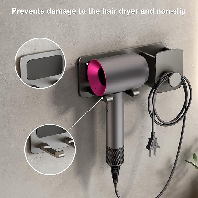 Voldra Hair Dryer Holder Wall Mounted, Self-Adhesive Blow Dryer Organizer Hair Brush Holder Wall Mount with Plug&Cord Organizer for Bathroom 1 Pack(Gray)