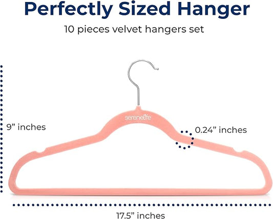 SereneLife 10 Pack Velvet Hangers - Non-Slip with 360° Swivel Hook - Ultra-Thin, Lightweight Velvet Hangers for Shirts, Sweaters, Hoodies, Kids Clothes & Dresses - Space-Saving (Pink)
