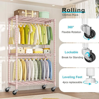 FUTASSI P3 Rolling Clothes Rack, Clothing Racks for Hanging Clothes, Heavy Duty Garment Rack with Wheels, Freestanding Portable Closet Organizer 39.4''W x 14''D x 78.5''H, Max Load 464 LBS, Pink