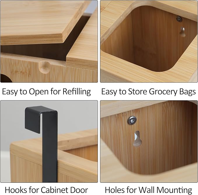 Trash Bag Dispenser & Grocery Bag Organizer, 2 in 1 Bamboo Garbage Bags Storage Box for Cabinet Door, Under Sink, or Wall Mounting