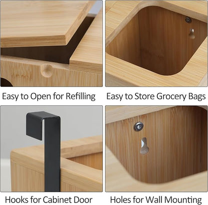 Trash Bag Dispenser & Grocery Bag Organizer, 2 in 1 Bamboo Garbage Bags Storage Box for Cabinet Door, Under Sink, or Wall Mounting