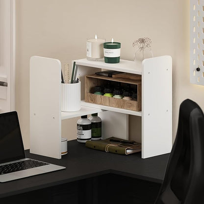 Furinno Classic Desk Organizers and Hutch, Open Shelf Expandable Office Organization, Adjustable Desk Top Display Book Shelf, for Paper, Office Supplies, White