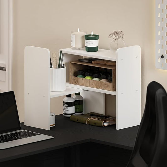 Furinno Classic Desk Organizers and Hutch, Open Shelf Expandable Office Organization, Adjustable Desk Top Display Book Shelf, for Paper, Office Supplies, White