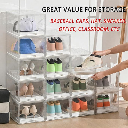 Tangyinus 2 Pack Clear Shoe Boxes - Stackable Sneaker Display Case with Sliding Tray and Door, Large Shoe Containers Up to Fit Size 14, Plastic Shoe Storage Box, Great Hat Organizer for Baseball Caps