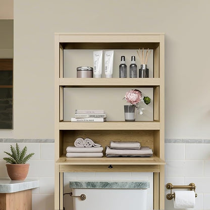 GORZING Over The Toilet Storage Cabinet, 3-Tier Behind Toilet Bathroom Organizer, Wooden Above Toilet Storage Shelf with Rattan Door, Space Saver for Restroom, Bathroom, Laundry