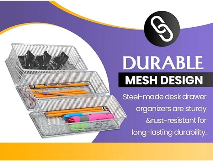 YBM HOME White Mesh Drawer Organizer and Storage for Kitchen Drawers, Serves as School Supply Holder, Office Desktop Organizer Basket, Makeup and Craft Supplies Organization, (2 Pack, 4x12x2 Inch)