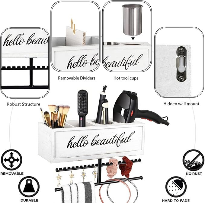 Ronjnndc Rustic Hair Dryer Holder Wall Mounted,Hair Styling Tools & Accessories Organizer,Bathroom Supplies & hot Tools vanities Organizer Caddy,for Storage Flat Iron,Blow Dryer,Curling Iron (White)