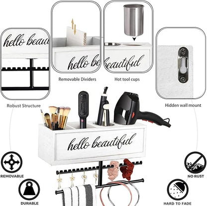 Ronjnndc Rustic Hair Dryer Holder Wall Mounted,Hair Styling Tools & Accessories Organizer,Bathroom Supplies & hot Tools vanities Organizer Caddy,for Storage Flat Iron,Blow Dryer,Curling Iron (White)