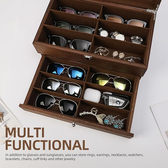BAOJULONG Wooden Sunglasses Organizer Box, Eyewear Display Eyeglass Case, Glasses Storage Box Sunglass Holder Gifts