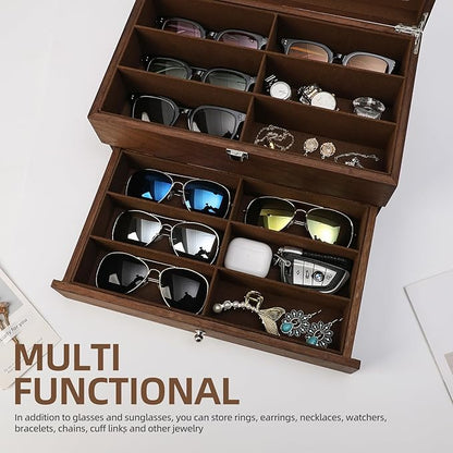 BAOJULONG Wooden Sunglasses Organizer Box, Eyewear Display Eyeglass Case, Glasses Storage Box Sunglass Holder Gifts