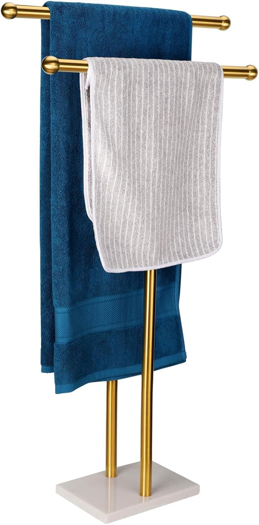 Standing Towel Rack Double-T Shape Tall Bath Towel Sheet Holder with Marble Design Base for Bathroom 2 Tier Towel Holder Stand Stainless Steel (Brushed Gold)