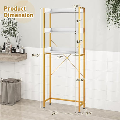 LOKO 3-Tier Over The Toilet Storage Rack, Bathroom Space Saver Shelf, Freestanding Above Toilet Organizer with 4 Hooks, Anti-Tipping Device, Metal Frame Toilet Rack for Balcony Laundry (White+Gold)
