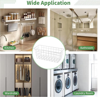 4PCS Hanging Wall Basket Wire Storage Baskets, White Wire Basket for Cabinet Door Organizer with 8 Hooks, Wall Mounted Shelf for Kitchen, Garage and Bathroom
