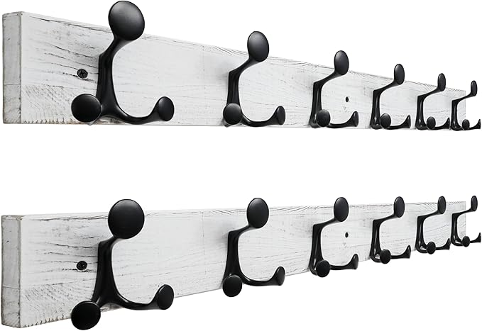SKOLOO 36-Inch Wood Coat Rack Wall Mount with 6 Triple Hooks - Ideal for Family Entrances, Classrooms, and Pet Supplies Storage - Perfect Coat Hooks for Wall,Distressed White Wash, Pack of 2