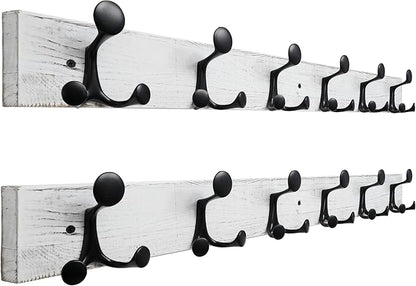 SKOLOO 36-Inch Wood Coat Rack Wall Mount with 6 Triple Hooks - Ideal for Family Entrances, Classrooms, and Pet Supplies Storage - Perfect Coat Hooks for Wall,Distressed White Wash, Pack of 2