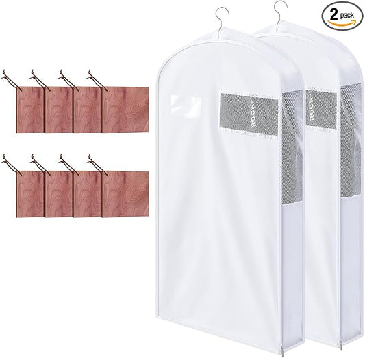 2 Sets 40 Inch Short Cotton Garment Bags, Breathable Hanging Clothes Covers with Card Pocket & Mesh Viewing Window, 8 Cedar Blocks for Suits, Sweaters, Fur Coats, Short Dresses, 6 Inch Wide