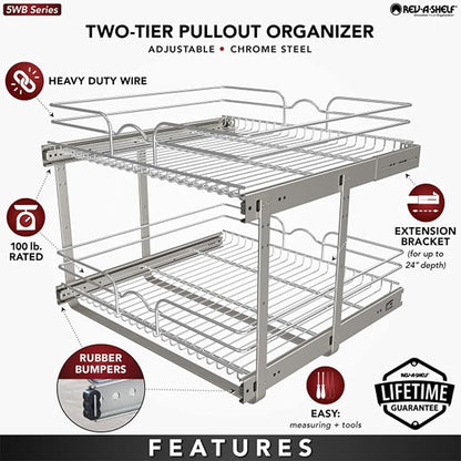 Rev-A-Shelf 2-Tier Kitchen Cabinet Pullout Shelf and Drawer Organizer Slide Out Pantry Storage Basket in Multiple Sizes, 24 x 22 In, 5WB2-2422-CR-1
