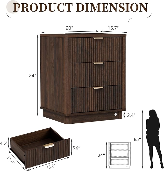 BONITURE Fluted Nightstand, Curved Night Stand with Charging Station Lighting, Wood End Table with 3 Drawers, Modern Side Table Storage Cabinet for Bedroom Office,(1, Walnut)