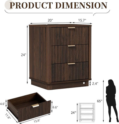 BONITURE Fluted Nightstand, Curved Night Stand with Charging Station Lighting, Wood End Table with 3 Drawers, Modern Side Table Storage Cabinet for Bedroom Office,(1, Walnut)