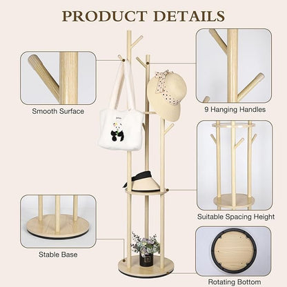 Wood Coat Rack with 3 Shelves and 9 Hooks, Freestanding Rotary Coat Tree for Entryway, Bedroom, Living Room, Hallway – Holds Jackets, Coats, Hats, Bags (Natural)