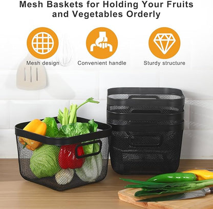 1 Pack Metal Mesh Basket with Hollow Handles Black Wire Storage Bin for Organizing Stackable Metal Fine Mesh Basket for Pantry Bathroom Kitchen Cabinets Shelves (Medium)