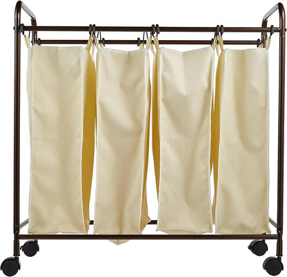 Household Essentials 7173 Rolling Quad Laundry Sorter with Removable Hamper Bags | Antique Bronze Frame