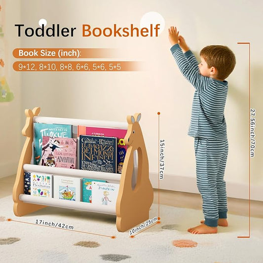 Double Sided Kids Bookshelf – 2 Tier Portable Toddler Bookshelf, Book Shelf for Kids Rooms & Playroom, Cute Kangaroo Design Wooden Montessori Baby Bookshelf,Toddler Book Display Shelves,Brown